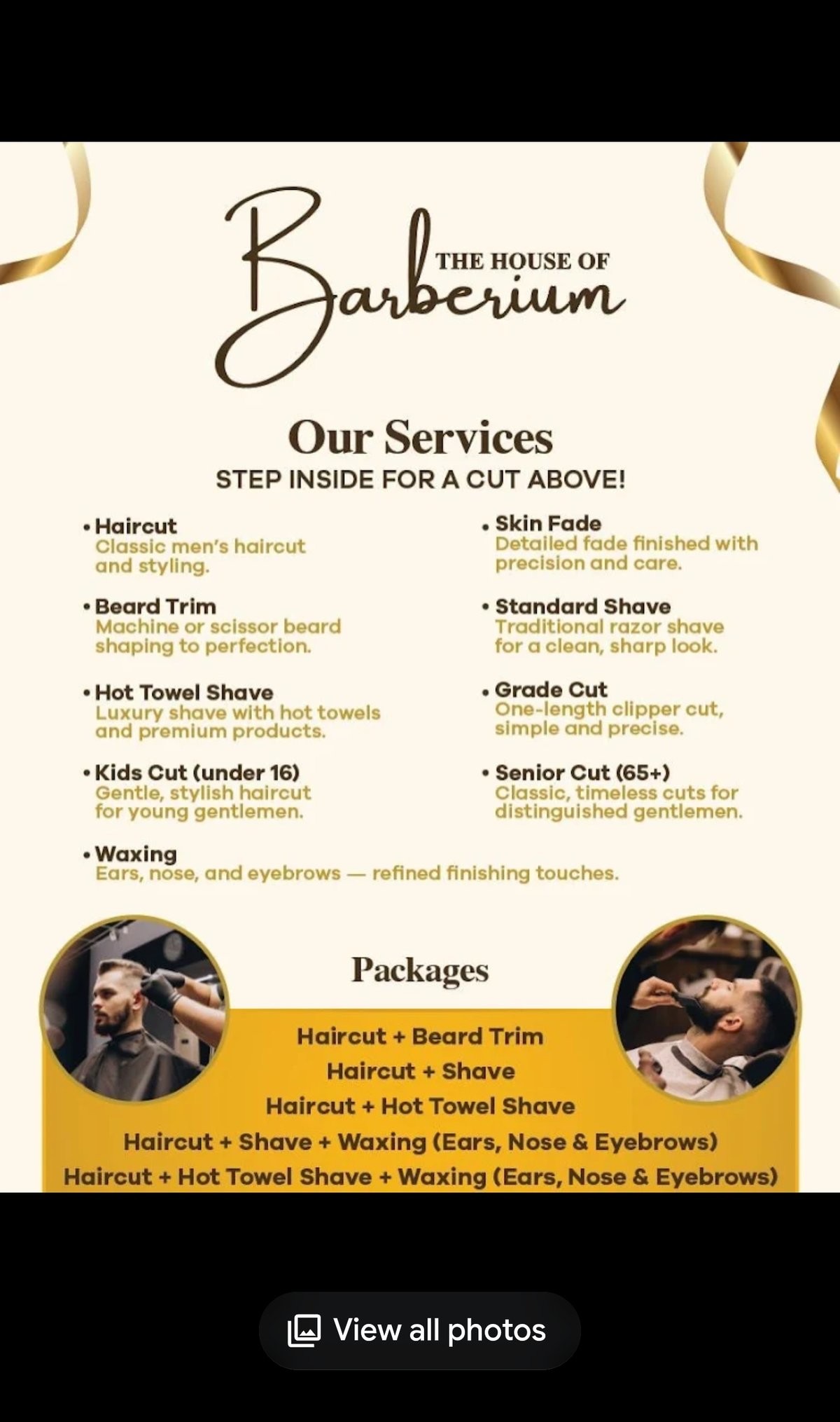 The House of Barberium services menu